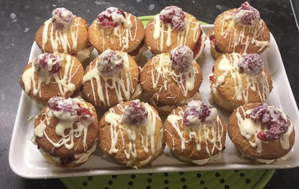 Victoria Sponge with Raspberry Compote and White Chocolate ganache filling and white chocolate drizzle